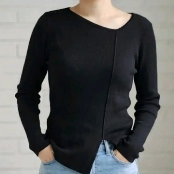 [BUNJANG] Black Diagonal Cut Asymmetric V-Neck Thin Long Sleeve Knit S (44-55) / 블랙 사선 컷팅 비대칭 브이넥 얇은 긴팔 니트 S 44~55