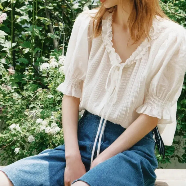 [BUNJANG] MINE White Frill Detail Shirring Sleeve Tie Blouse / 마인 MINE 블라우스