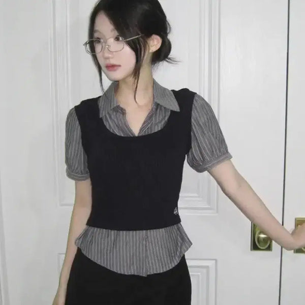[BUNJANG] Striped Short Sleeve Shirt / 유색 베스트 레이어드 반팔 스트라이프 셔츠