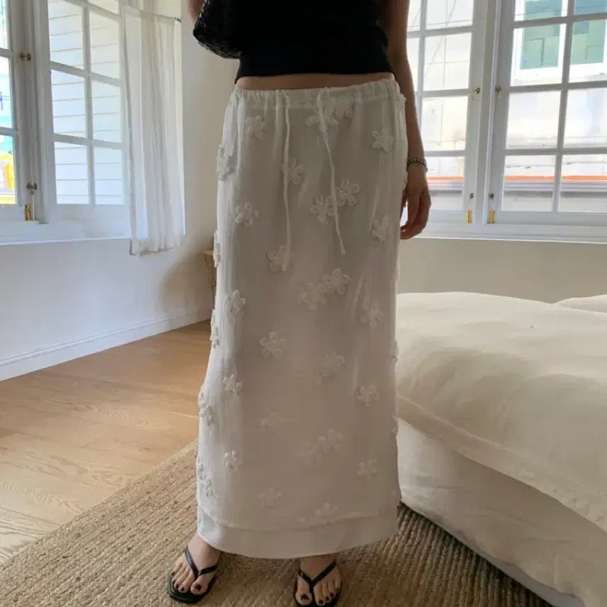 [BUNJANG] White Flower Long Banding Skirt / (새상품) 화이트 플라워 롱 밴딩스커트