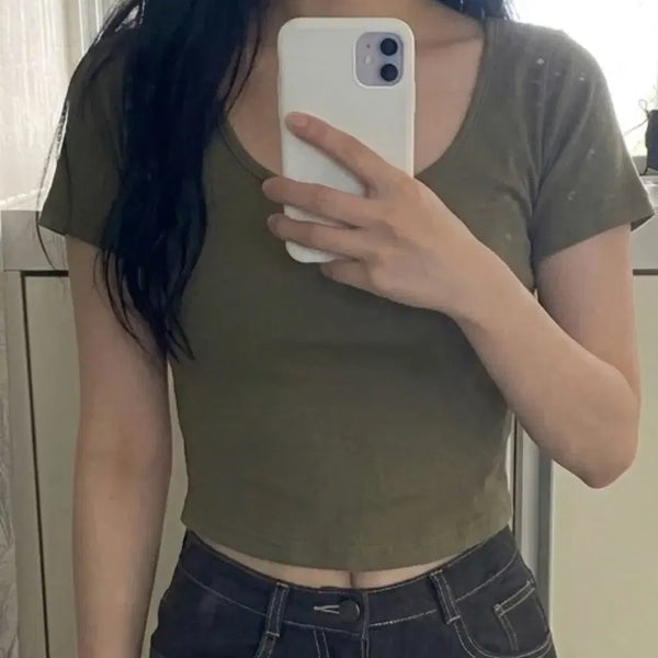 [BUNJANG] Khaki Cropped T-Shirt / 카키색 크롭티 팔아요!