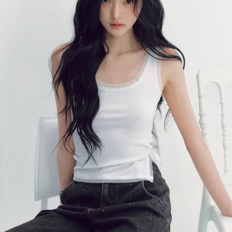 [BUNJANG] Thetis Mesh Satin Sleeveless Top (White/Pink) / 더티스 메쉬 새틴 슬리브리스 (화이트,핑크)
