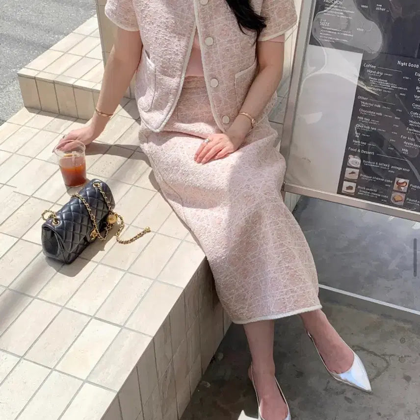 [BUNJANG] BYSINI Monggeul Cana Tweed Pink Long Large Setup / 바이씨니 제작 몽글까나트위드 핑크 롱라지 셋업