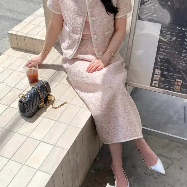 [BUNJANG] BYSINI Monggeul Cana Tweed Pink Long Large Setup / 바이씨니 제작 몽글까나트위드 핑크 롱라지 셋업