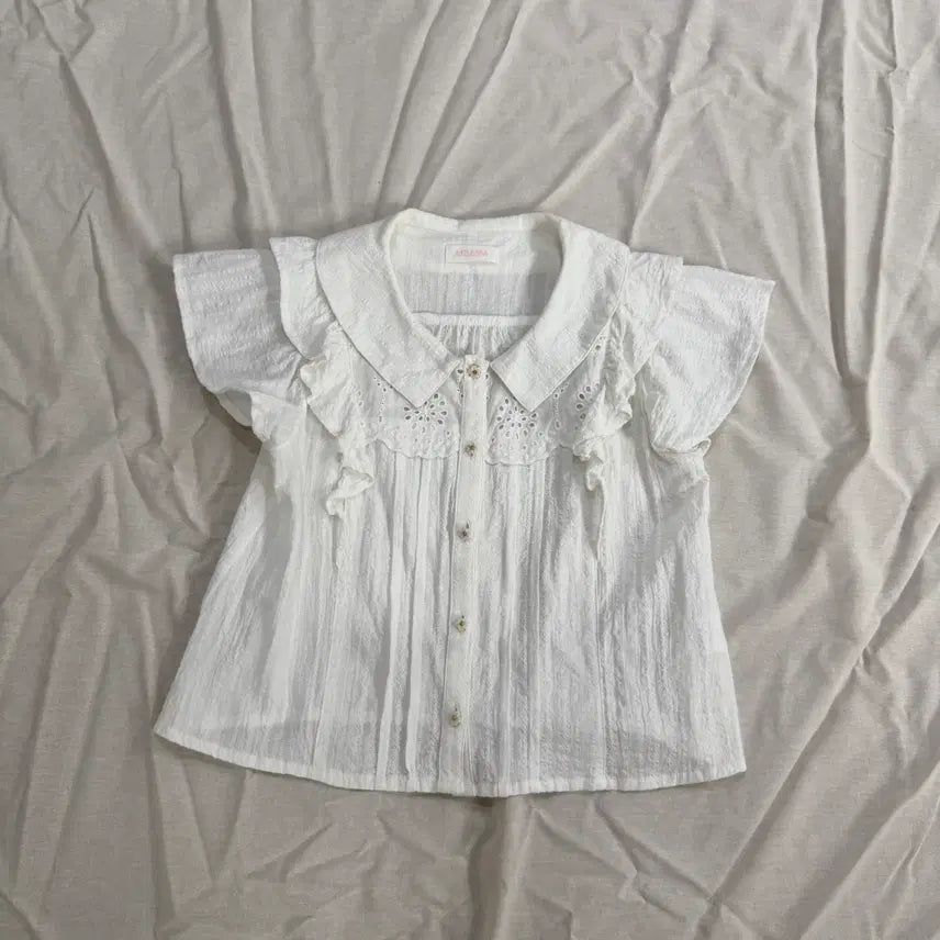 [BUNJANG] Lizlisa Cotton Lace Frill Short Sleeve Blouse - White / 리즈리사 코튼 레이스 프릴 반팔 블라우스 화이트 모리걸 하구미