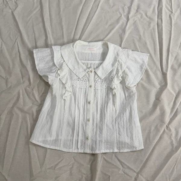 [BUNJANG] Lizlisa Cotton Lace Frill Short Sleeve Blouse - White / 리즈리사 코튼 레이스 프릴 반팔 블라우스 화이트 모리걸 하구미