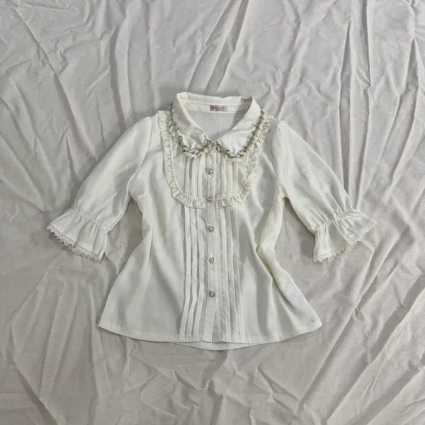 [BUNJANG] Accizfarm Flower Collar Lace Ruffle 7-Sleeve Blouse / 엑시즈팜 플라워 카라 레이스 프릴 7부 소매 블라우스 모리걸 하구미