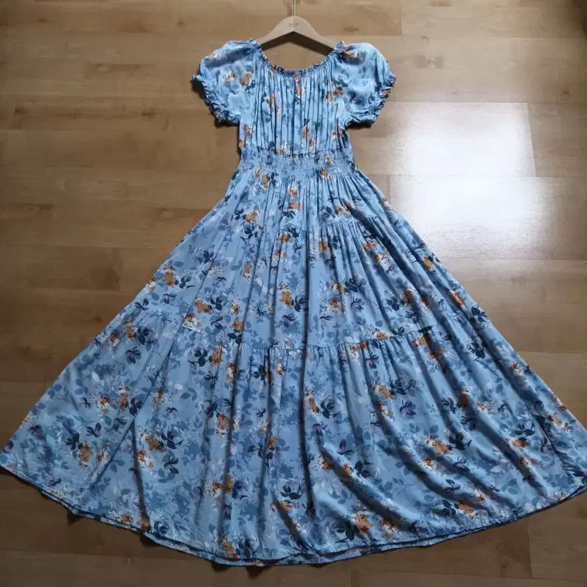 [BUNJANG] Sky Blue Floral Shirring Long Dress Size 55 / 하늘색 꽃무늬 셔링 롱 원피스 55