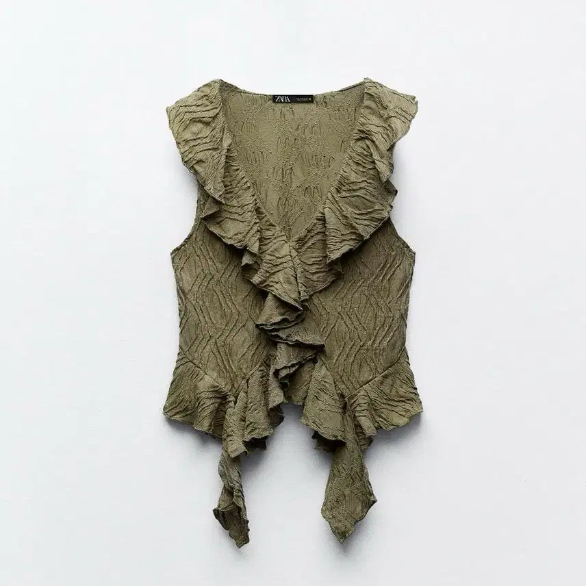 [BUNJANG] Zara Textured Frill Top S Khaki / 자라 텍스처 프릴 탑 S(55) 카키