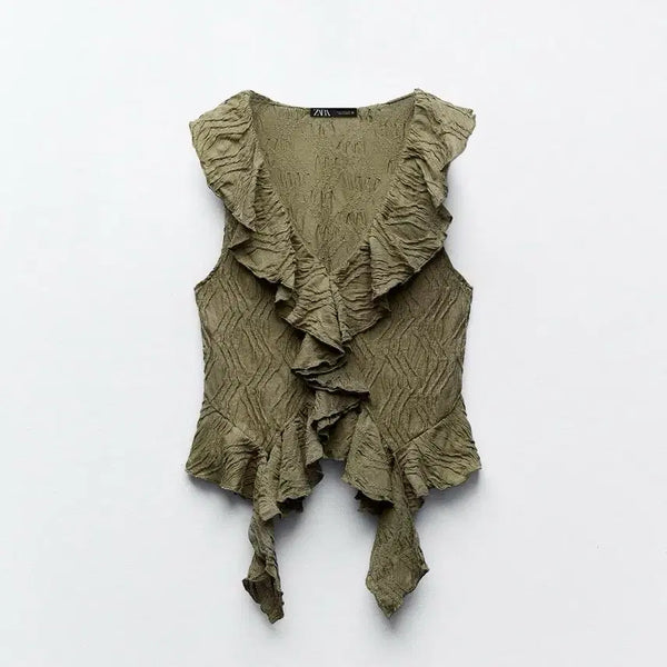 [BUNJANG] Zara Textured Frill Top S Khaki / 자라 텍스처 프릴 탑 S(55) 카키