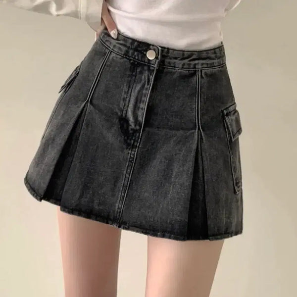 [BUNJANG] Black Denim Cargo Pleated Mini Skirt / 흑청 데님 스커트