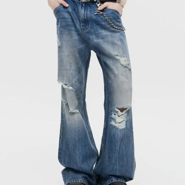 [BUNJANG] Dnsr Distressed Flare Denim Pants - Blue / Dnsr 디스트로이드 플레어 데님 팬츠 블루