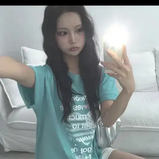 [BUNJANG] Mint Core Heart Flag Graphic T-Shirt / 뉴욕 성조기 하트 프린팅 반팔 민트 민트코어