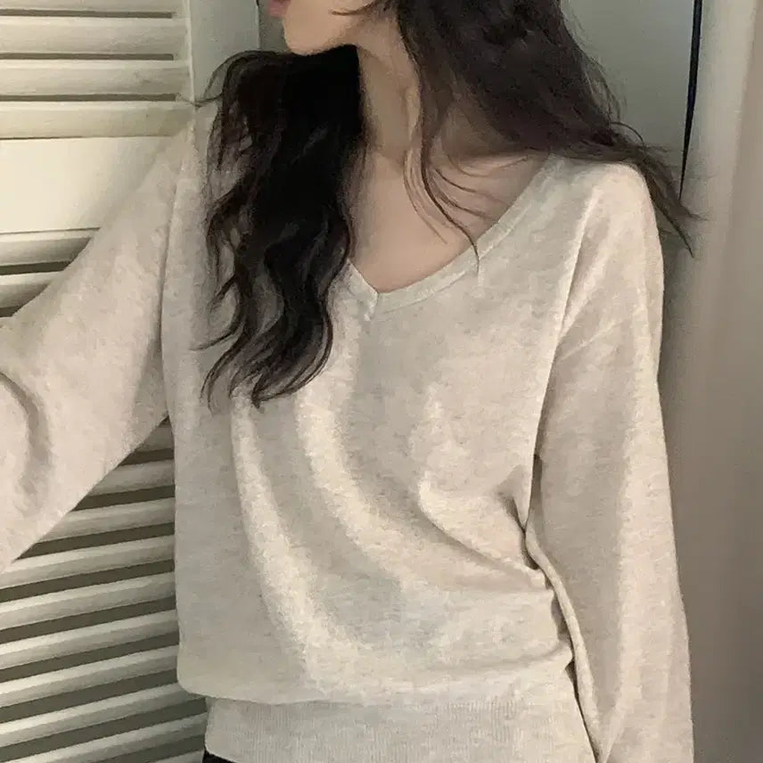 [BUNJANG] NINI Pure Me Soft V-Neck Long-Sleeve Knit Beige / 나이니 퓨어미 소프트 여리핏 브이넥 긴팔 니트 베이지