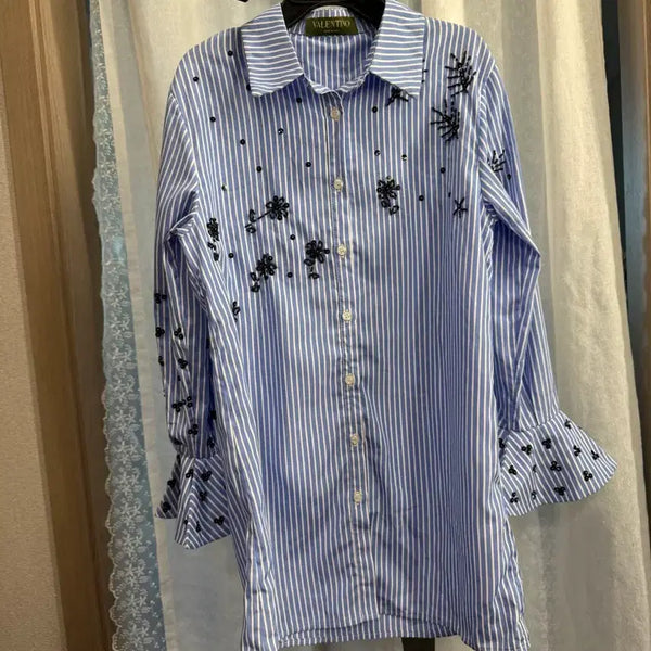 [BUNJANG] Valentino Striped Beaded Shirt / 발렌티노 이태리 스트라이프 비즈 셔츠