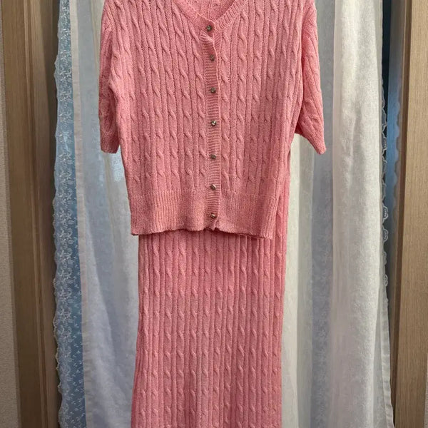 [BUNJANG] EGOIST Pink Cable Knit Cardigan & Skirt Set / 에고이스트 셋업 핑크 가디건 & 스커트 세트