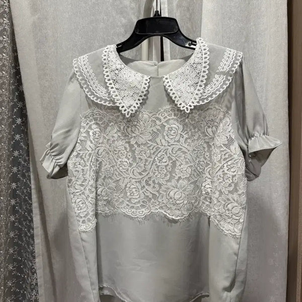 [BUNJANG] Lace Big Collar Blouse (Light Grey) / 레이스 빅카라 블라우스 (연그레이)