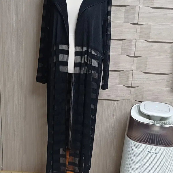 [BUNJANG] Black Pleated Long Cardigan Check Pattern See-through / 플리츠 블랙 롱 가디건 체크 패턴 시스루