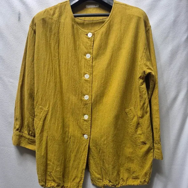 [BUNJANG] Linen Round Neck Collarless Shirt - Size L / 린넨  라운드넥 카라 없는 셔츠 L