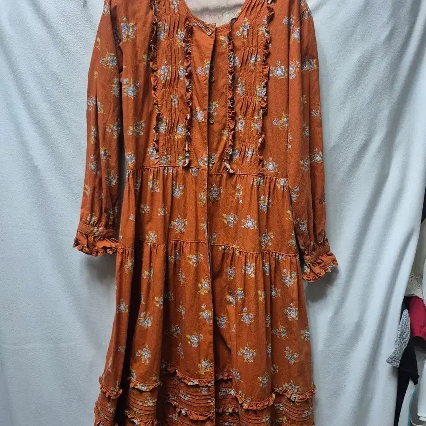 [BUNJANG] Orange Floral Pleated Long Dress (Size 88) / 새상품 주황색 꽃무늬 주름 원피스 88
