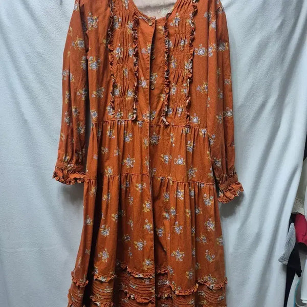 [BUNJANG] Orange Floral Pleated Long Dress (Size 88) / 새상품 주황색 꽃무늬 주름 원피스 88