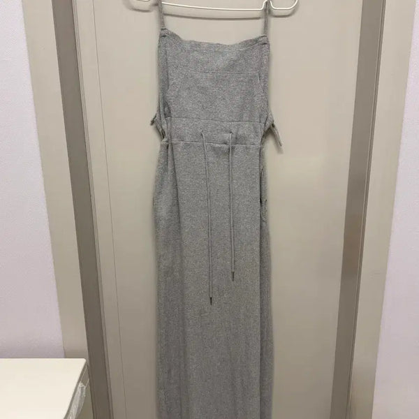 [BUNJANG] Ribbed Knit Jumpsuit with Slit Detail / 골지 니트 점프수트 트임 멜빵 롱 원피스