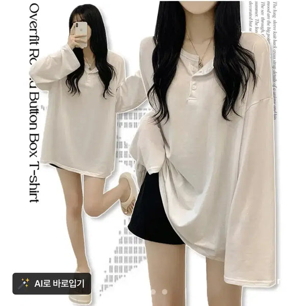 [BUNJANG] Real Oversized Button Round Neck See-Through Summer Long Sleeve T-Shirt / [리얼왕오버핏/살안타템] 차르르 버튼 라운드넥 무지 시스루 살탐방지 여름 긴팔티셔