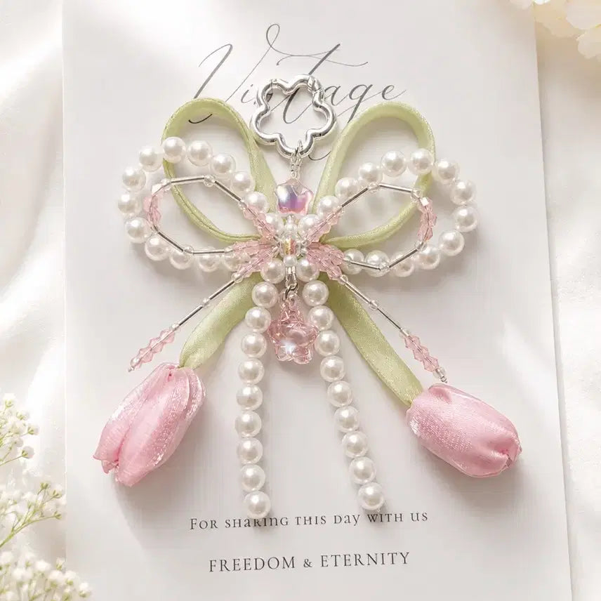 [BUNJANG] Pearl Tulip Ribbon Keyring / 진주 튤립 리본 키링