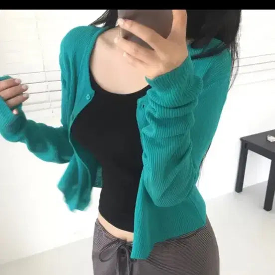 [BUNJANG] Ablley Mint Ribbed Round Neck Long Sleeve Knit Cardigan / 에이블리 민트 골지 라운드 긴팔 니트 가디건