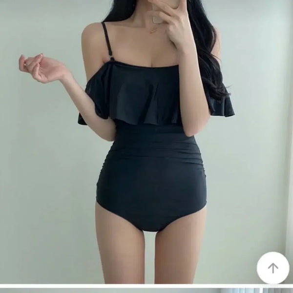 [BUNJANG] Frill Off-Shoulder One-Piece Swimsuit - Black / 프릴 오프숄더 원피스 수영복 블랙