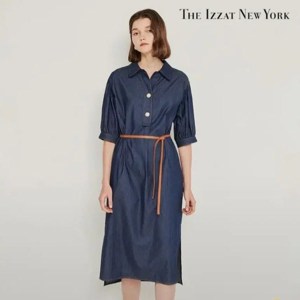 [BUNJANG] The IZZAT Belted Cotton Denim Dress Blue / 더아이잗 벨티드 코튼 데님원피스 66사이즈