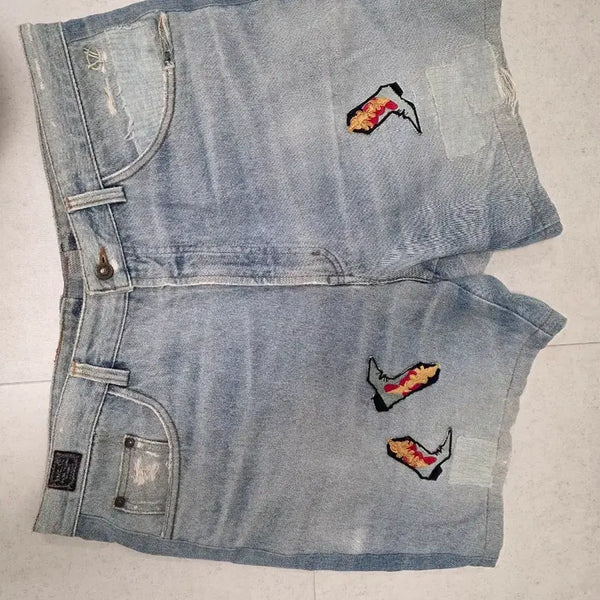 [BUNJANG] Denim Shorts Cowboy Boots Patch Washed Size 34 / 데님 숏팬츠 카우보이 부츠 패치 워싱 허리34