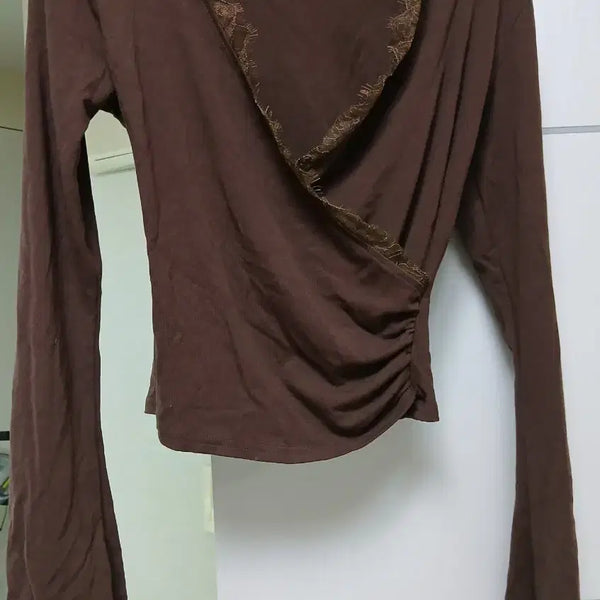 [BUNJANG] Gyaru Brown Lace Wrap Long Sleeve T-Shirt / 갸루 브라운 레이스 랩티