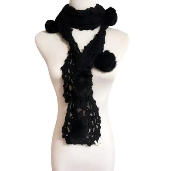 [BUNJANG] Japanese Gothic Lolita Punk Black Crochet Pom-pom Layered Muffler / 일본 고스로리 펑크 블랙 크로셰 폼폼이 레이어드 머플러