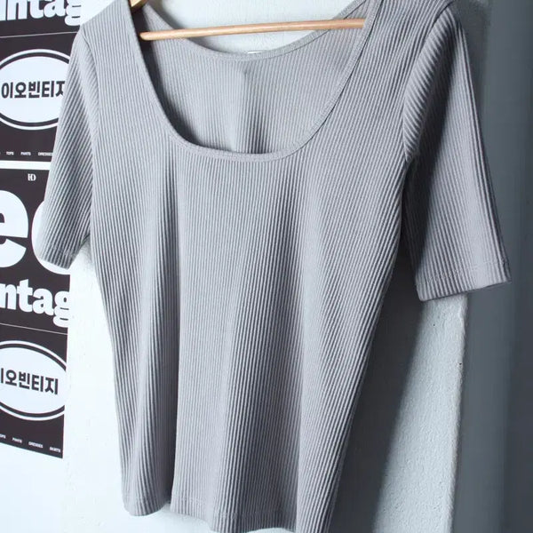 [BUNJANG] YURAGO Wide Neck Ribbed T-Shirt Grey / W(F) 유라고 반팔 티셔츠 와이드넥 골지 그레이 놈코어-H35892