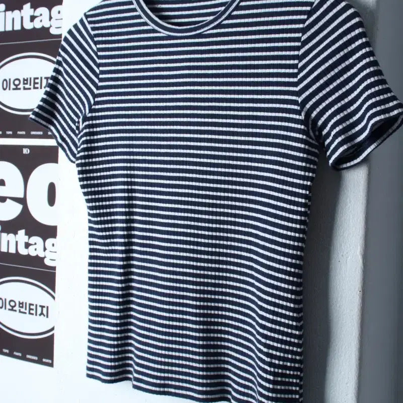 [BUNJANG] TOPTEN Striped Ribbed T-shirt Navy / W(M) 탑텐 반팔 티셔츠 스트라이프 골지 네이비 놈코어-H35905