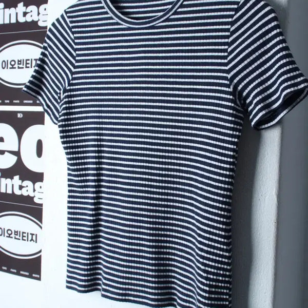 [BUNJANG] TOPTEN Striped Ribbed T-shirt Navy / W(M) 탑텐 반팔 티셔츠 스트라이프 골지 네이비 놈코어-H35905