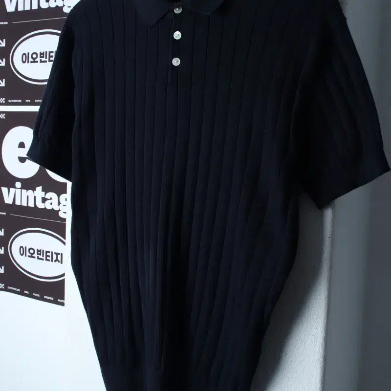 [BUNJANG] L'ONT Striped Short-Sleeve Collar T-Shirt Knit Navy / (L) 론트 반팔 카라 티셔츠 니트 스트라이프 네이비 놈코어-H35915