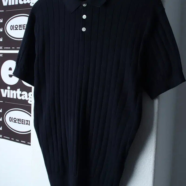[BUNJANG] L'ONT Striped Short-Sleeve Collar T-Shirt Knit Navy / (L) 론트 반팔 카라 티셔츠 니트 스트라이프 네이비 놈코어-H35915