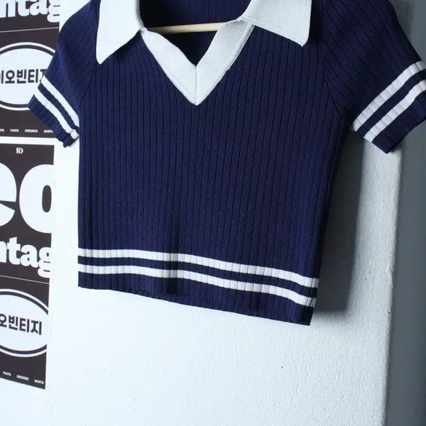 [BUNJANG] W(S-M) Cider Short Sleeve Collar T-Shirt Knit Crop Navy / W(S-M) 사이더 반팔 카라 티셔츠 니트 크롭 네이비 놈코어-H35918