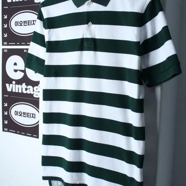 [BUNJANG] Giordano Striped Collar T-Shirt Green / (M) 지오다노 반팔 카라 티셔츠 스트라이프 그린 올드스쿨-H35919
