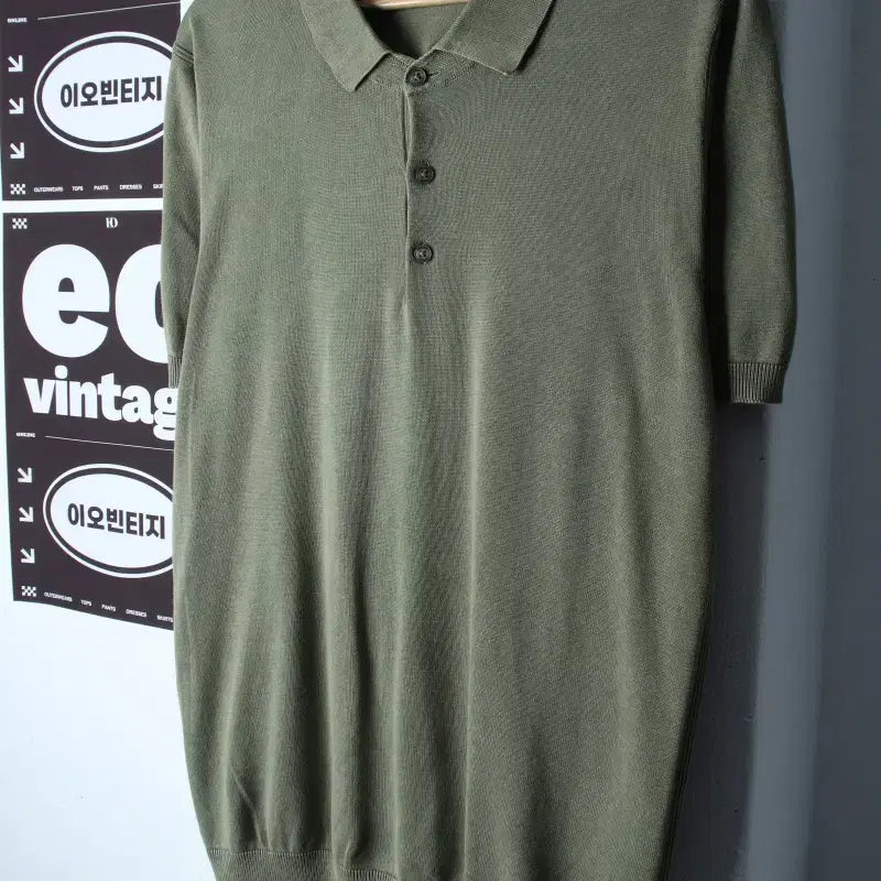 [BUNJANG] Olzen XL Green Washed Short-Sleeve Polo T-Shirt Knit / (XL) 올젠 반팔 카라 티셔츠 니트 그린 워싱 아메카지-H35957