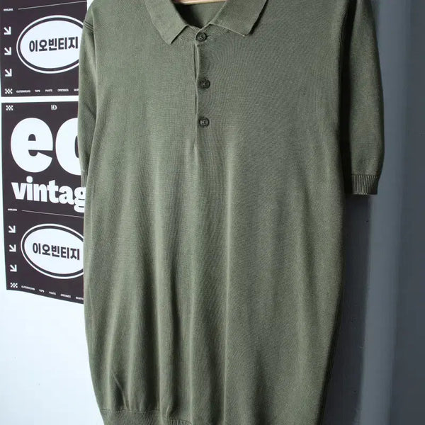 [BUNJANG] Olzen XL Green Washed Short-Sleeve Polo T-Shirt Knit / (XL) 올젠 반팔 카라 티셔츠 니트 그린 워싱 아메카지-H35957