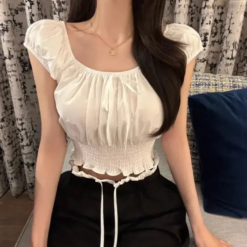 [BUNJANG] Ribbon Smocked Off-Shoulder Shirring Cropped Short-Sleeve Blouse / 리본 스모크 밴딩 오프숄더 셔링 크롭 반팔 블라우스