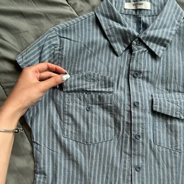 [BUNJANG] Striped Pocket Cropped Short-Sleeve Shirt / 스트라이프 포켓 크롭 반팔 셔츠