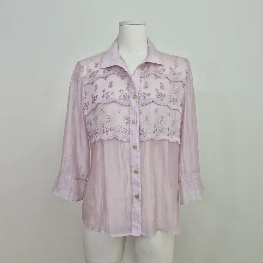 [BUNJANG] Japan Pink Tencel Floral Embroidery Sheer Blouse 7-Sleeve / 재팬 연핑크 텐셀 플라워 자수 시스루 블라우스 7부소매