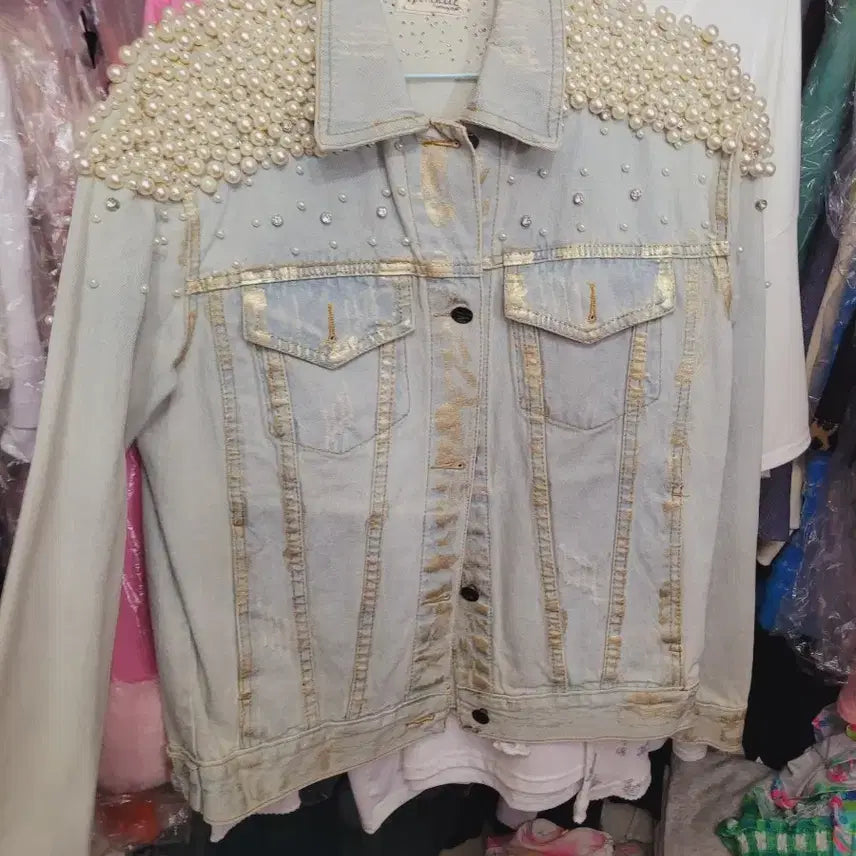 [BUNJANG] Pearl Embellished Indigo Denim Jacket / 진 베티 진청 데님 자켓 진주 장식 수입