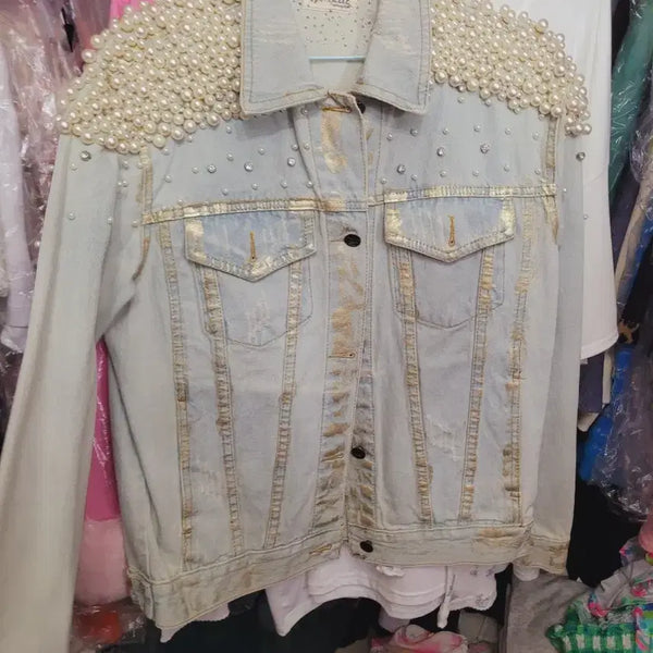 [BUNJANG] Pearl Embellished Indigo Denim Jacket / 진 베티 진청 데님 자켓 진주 장식 수입