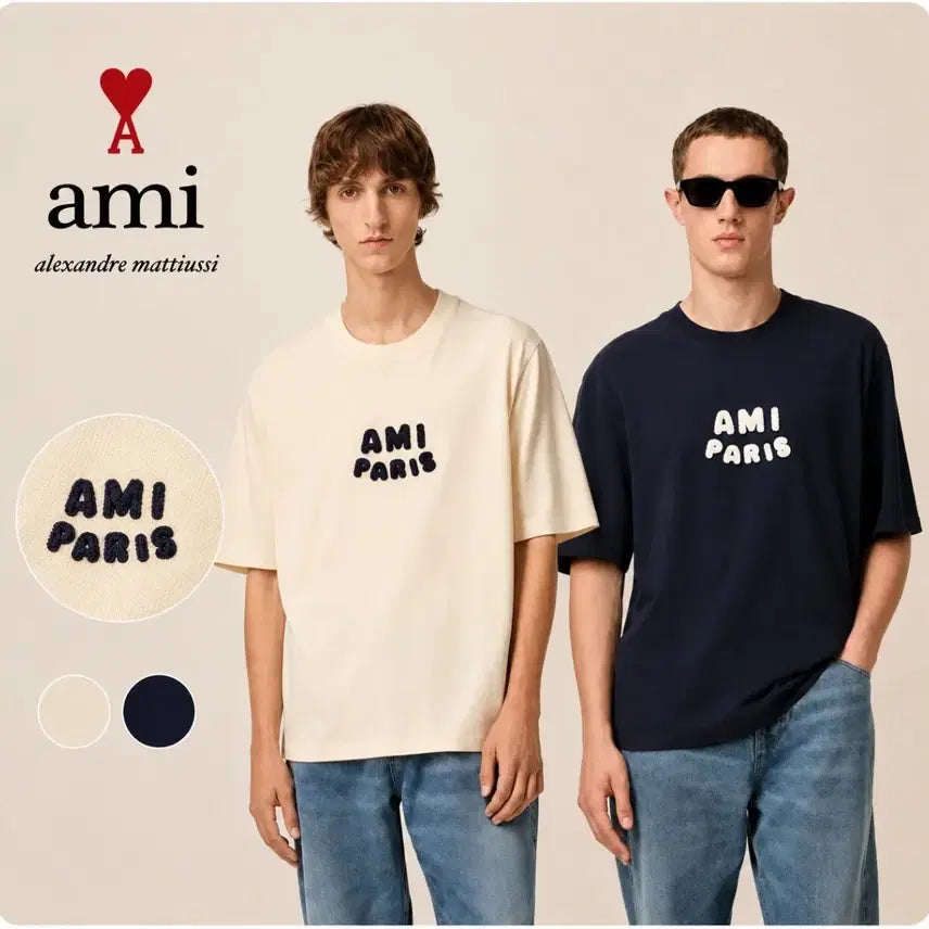 [BUNJANG] AMI Alexandre Mattiussi Embroidered T-Shirt Ivory/Navy / 아미 알렉상드르 마티우시 자수 반팔 티셔츠 아이보리/네이비