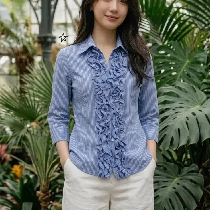 [BUNJANG] NARACAMICIE Striped Stretch Frill Blouse / [size 0/44] NARACAMICIE 입체 프릴 스트라이프 스판 블라우스